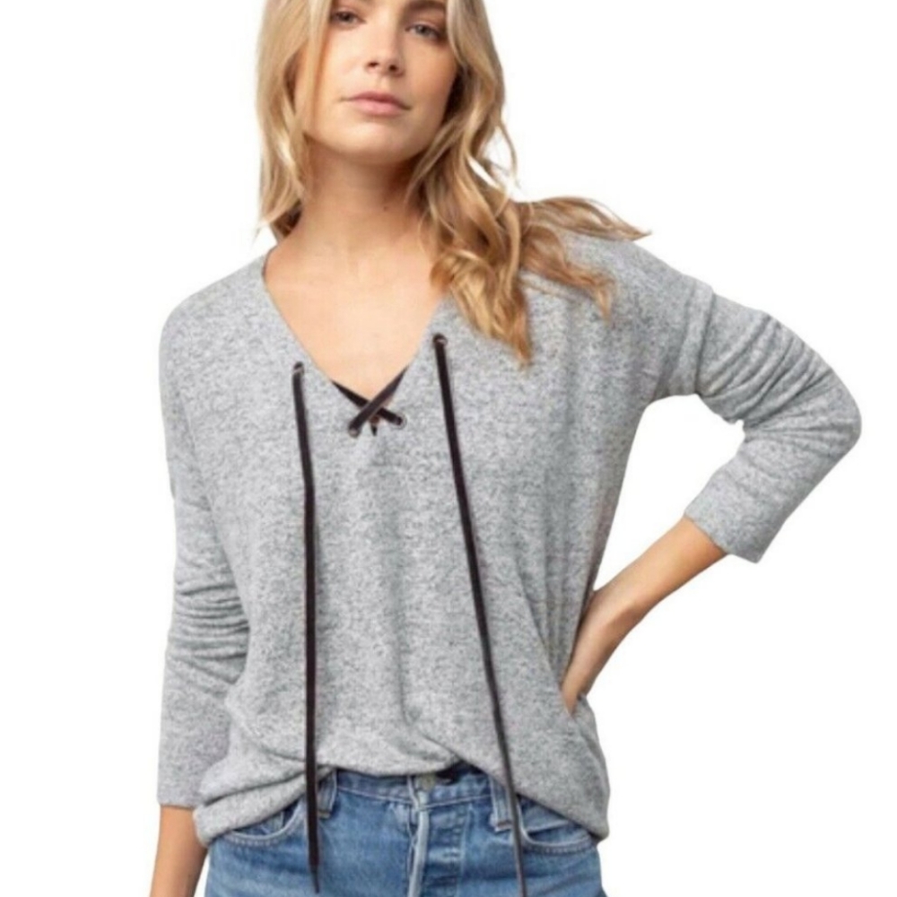 Rails Leigh V Neck Velvet Tie Heathered Melange Grey Sweater Top